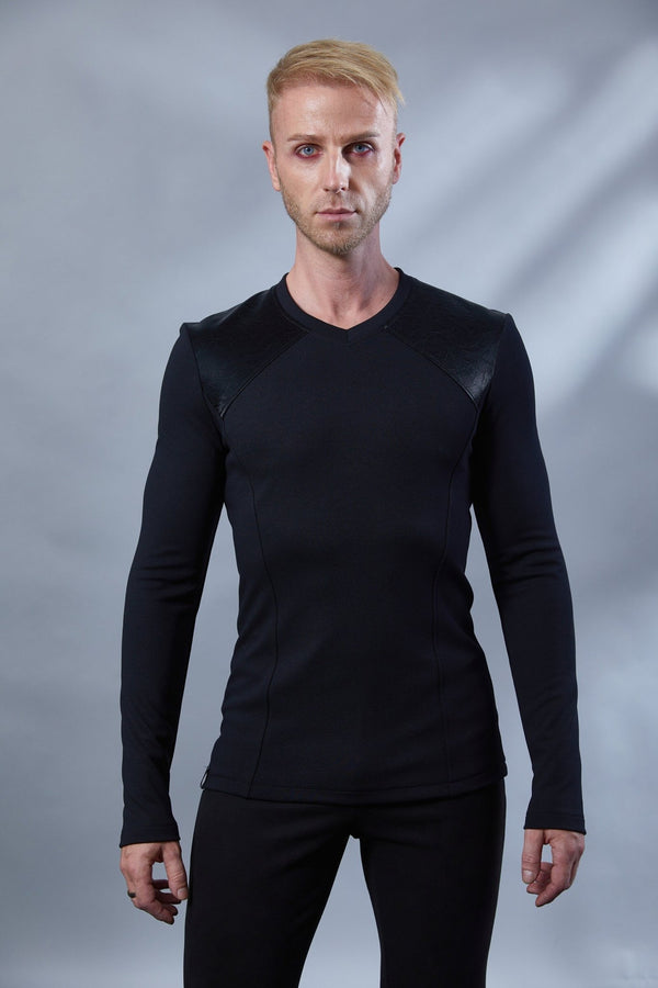 MS Black v-neck shirt with faux leather yoke - zolnar