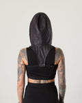 Back view of black hood worn with black crop top, dark fashion – ZOLNAR