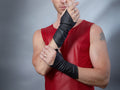 Man in red top wearing black faux leather fingerless arm warmers, cyberpunk accessory – ZOLNAR