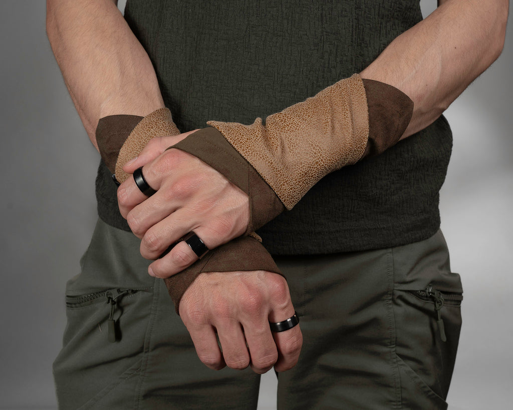 Tan and brown two-tone faux suede fingerless gloves on crossed arms, LARP style – ZOLNAR