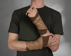 Two-tone brown and beige faux leather bracers on man – ZOLNAR