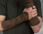 Brown suede faux leather bracers on crossed arms – ZOLNAR