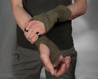 Close-up of khaki faux suede fingerless glove thumbhole and uneven hem – ZOLNAR