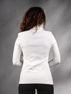 Back view of white asymmetrical sweater with quilted back panel – ZOLNAR