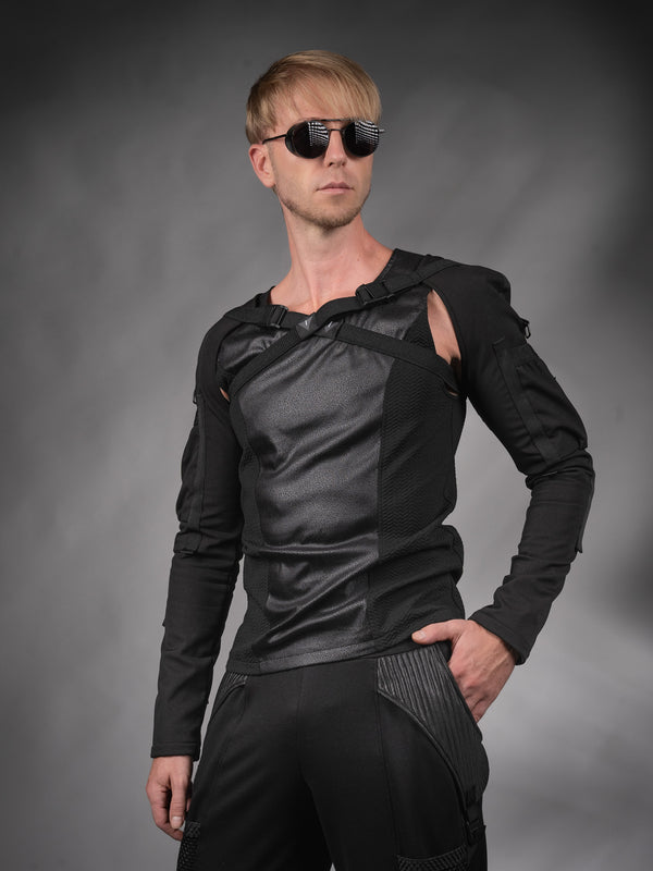 ST-L-9 Black faux leather sleeveless shirt