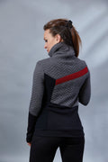 Back view of gray and black asymmetrical sweater with red stripe accent – ZOLNAR