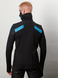 Back view of black men's softshell jacket with blue shoulder accents – ZOLNAR