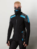 Man in black cyberpunk softshell jacket with grey camo panels and blue accents, front view – ZOLNAR